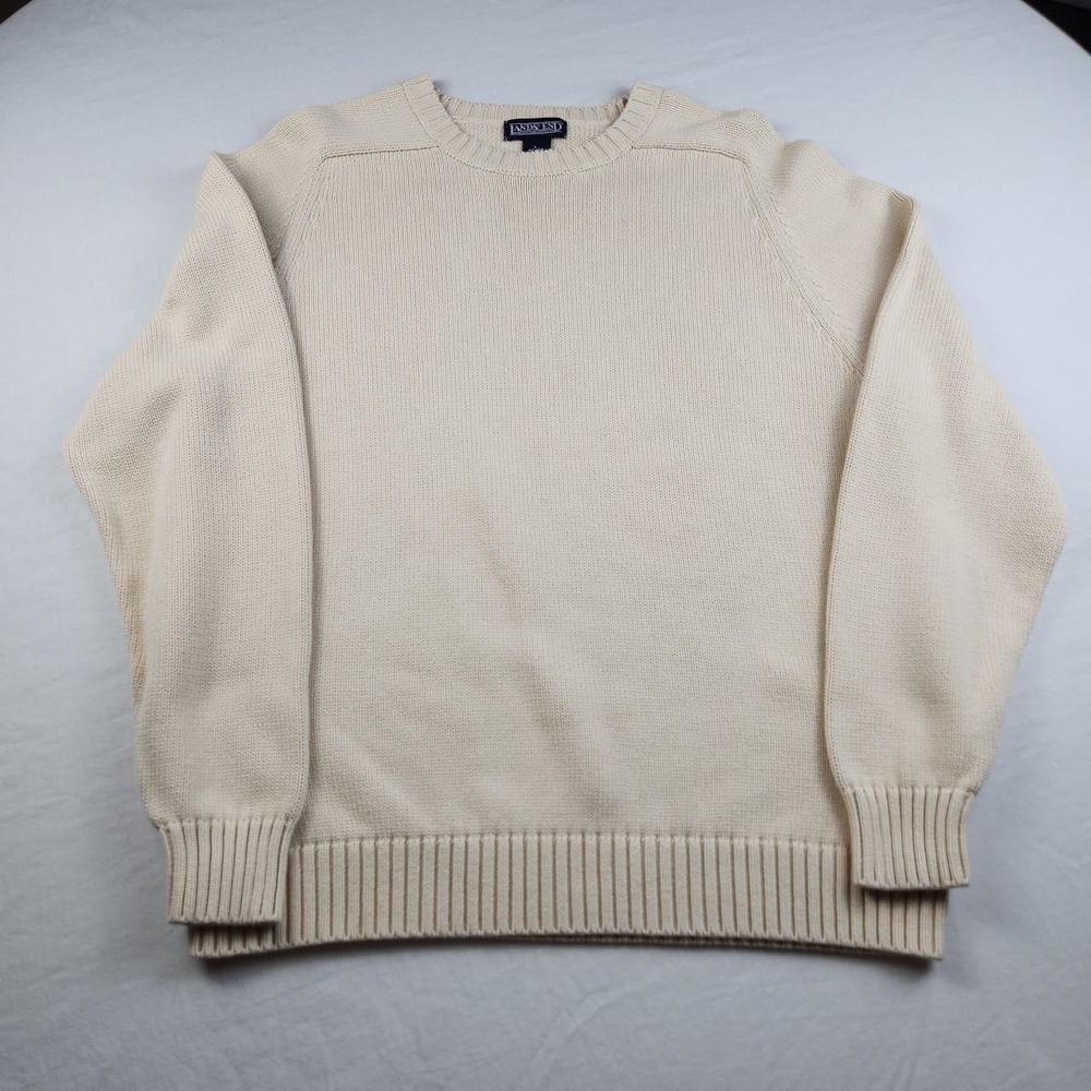 Lands End Cream White Knit Sweater Womens Large Regular Made In Japan Crew Neck